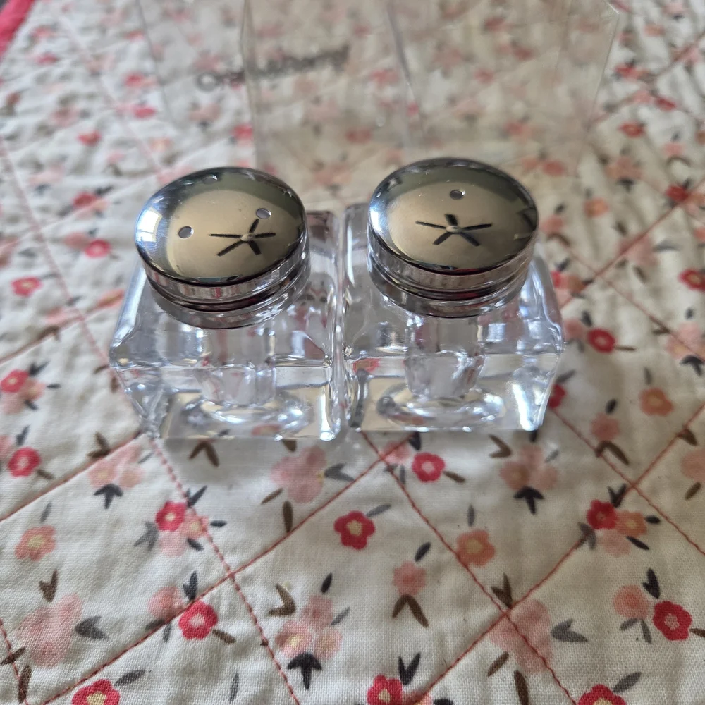 Crate&Barrel Clear Glass Salt and Pepper Set with Silver Lids